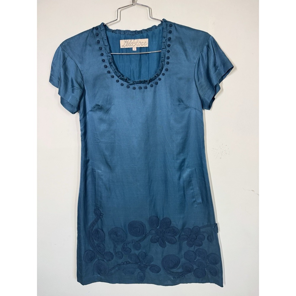 Lela Rose Womens Silk Floral Textured Short Sleeved Scoop Neck Dress Blue Size 4